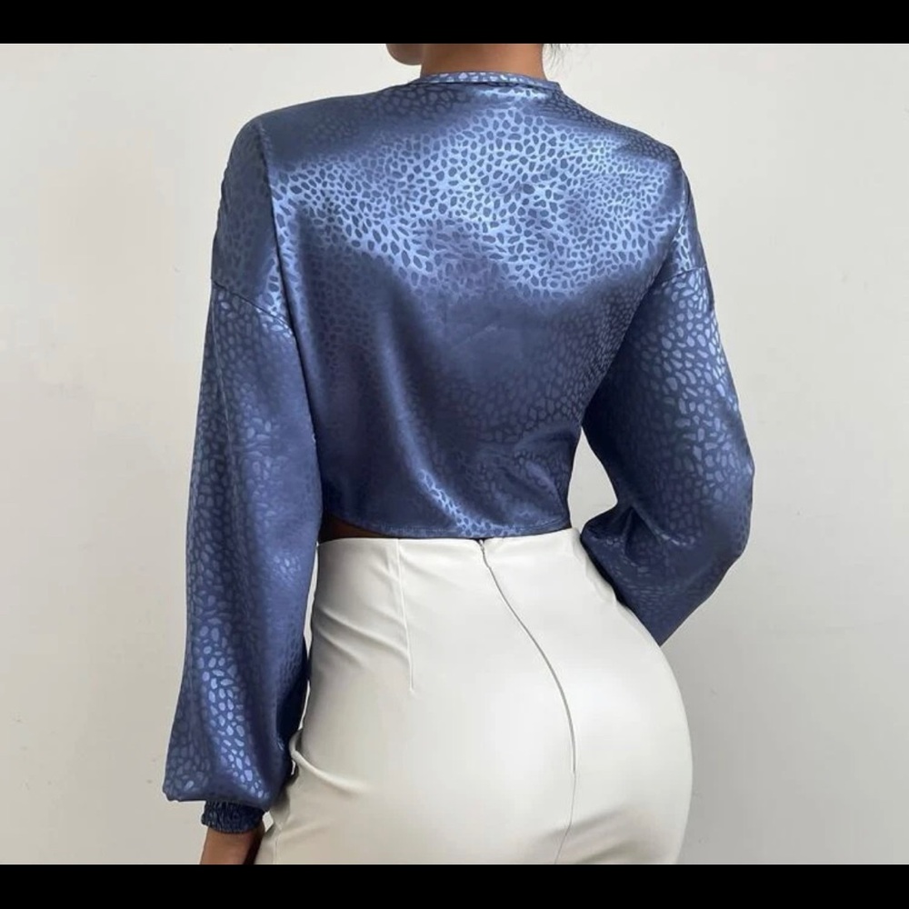 SHEIN Blue Satin Tie-Front Long Sleeve Blouse - Picture 3 of 7